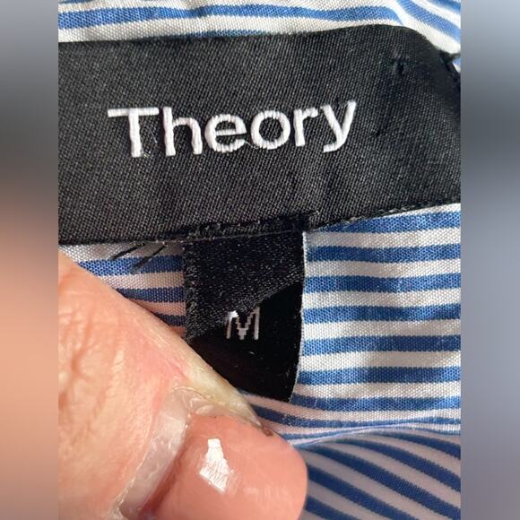 Theory blue striped cotton tie front short sleeve blouse top size medium button - Picture 7 of 10